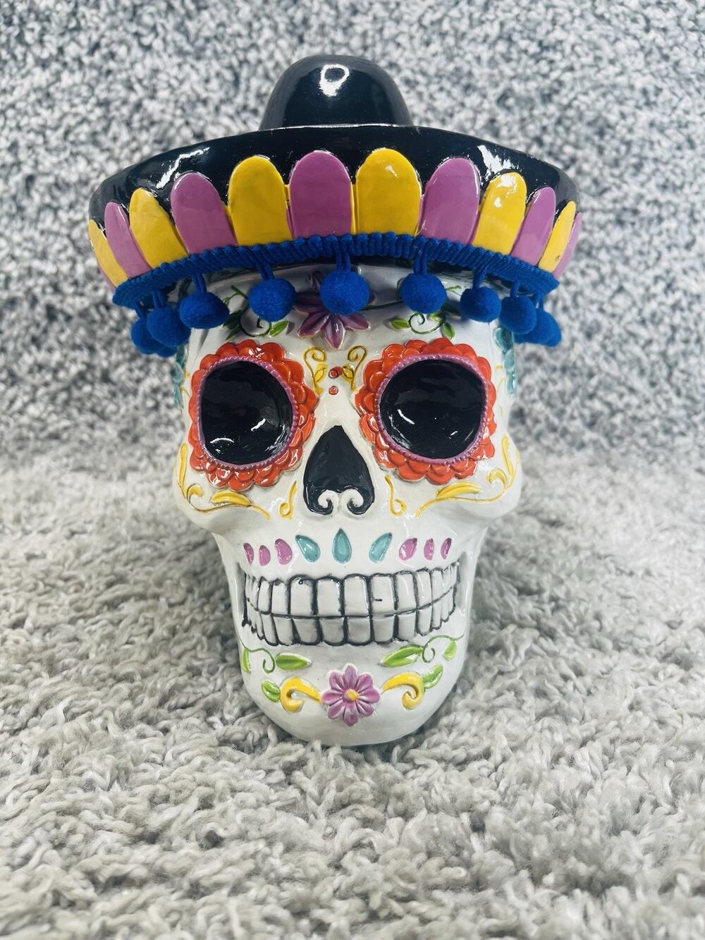 Day of the Dead skull Mexican pottery Folk Art 8” Decor Mariachi Sombrero
